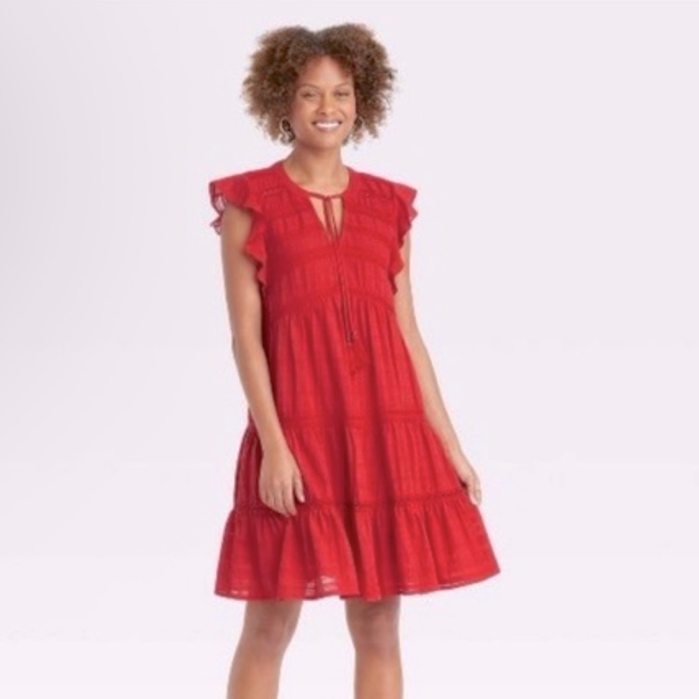 Knox rose red tiered lace flutter sleeve mini dress size XS